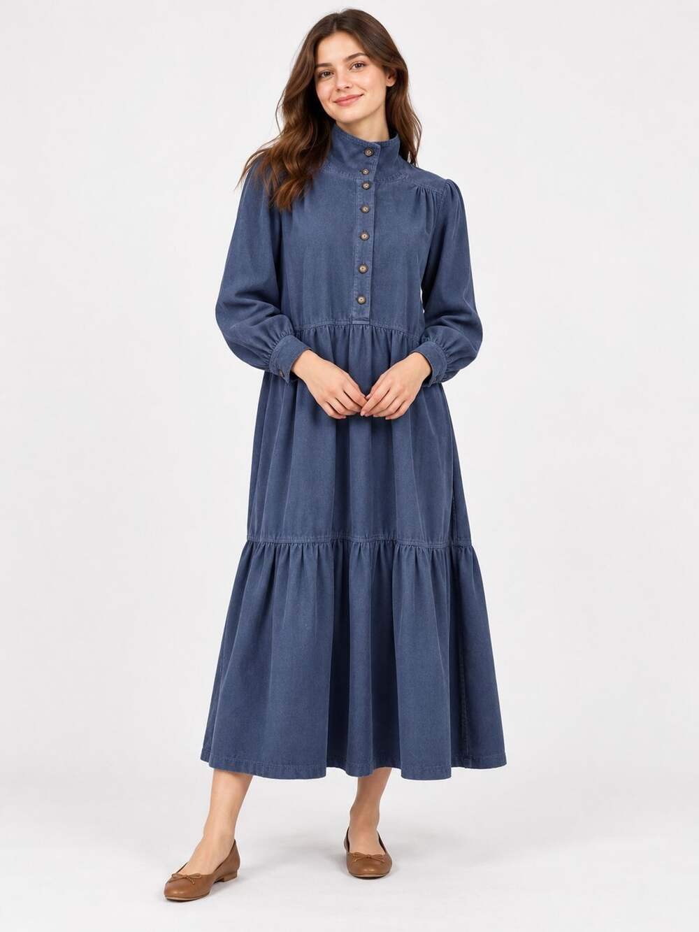 Wrap London Blue Corduroy Cotton Tiered Midi Dress US 6